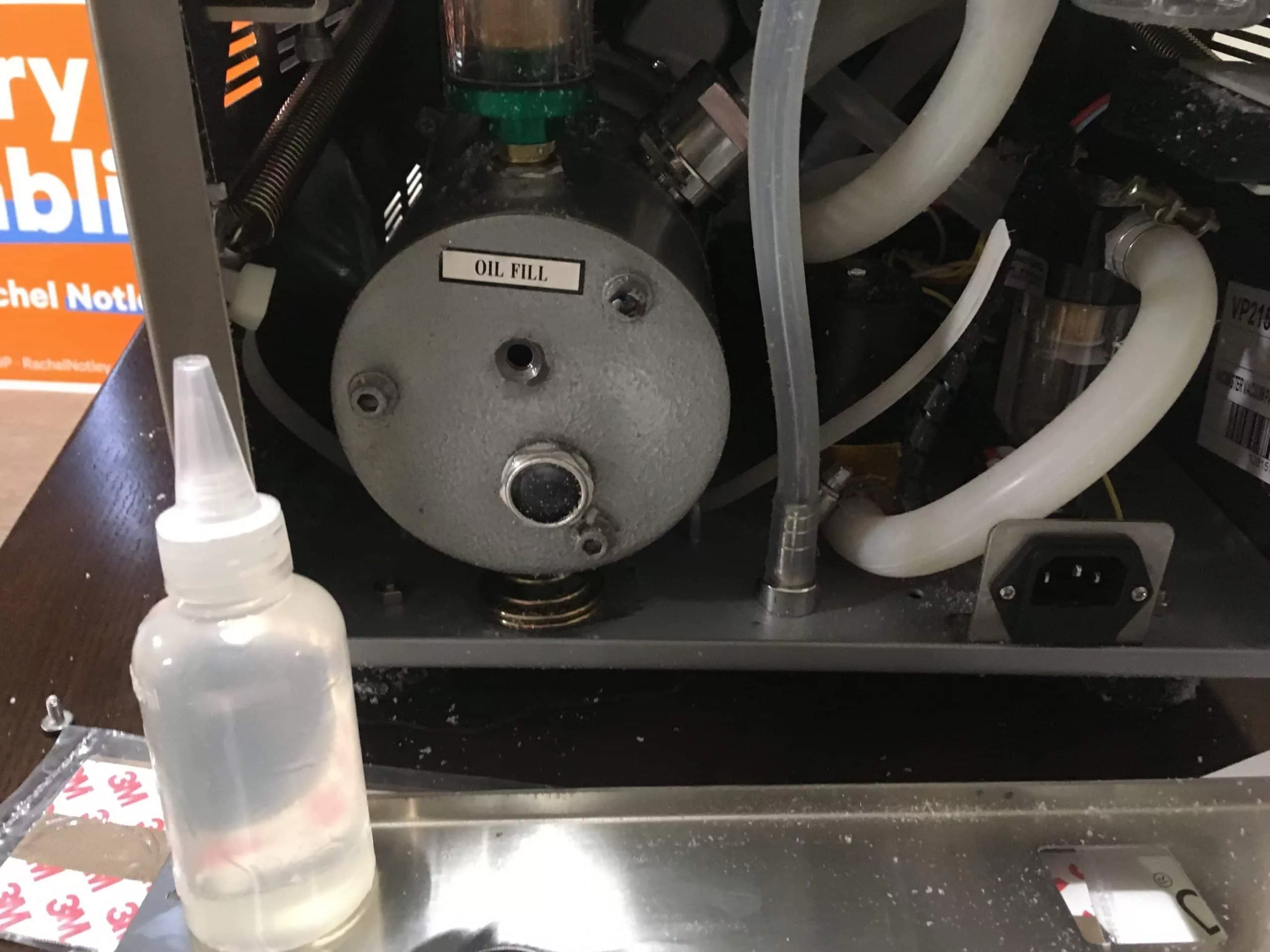 2019-04-04_19-52-40_518 Changing oil on the VacMaster VP215 vacuum chamber.