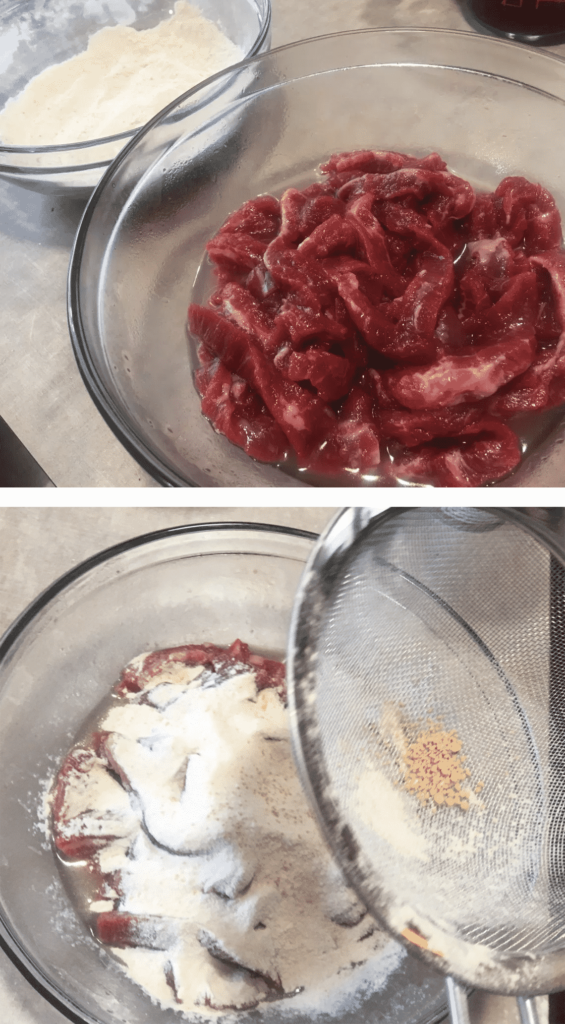 Incorporating the marinade into the batter for Calgary Ginger Beef.