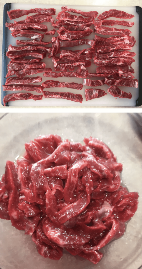 Beef cut on a bias against the grain and marinated.