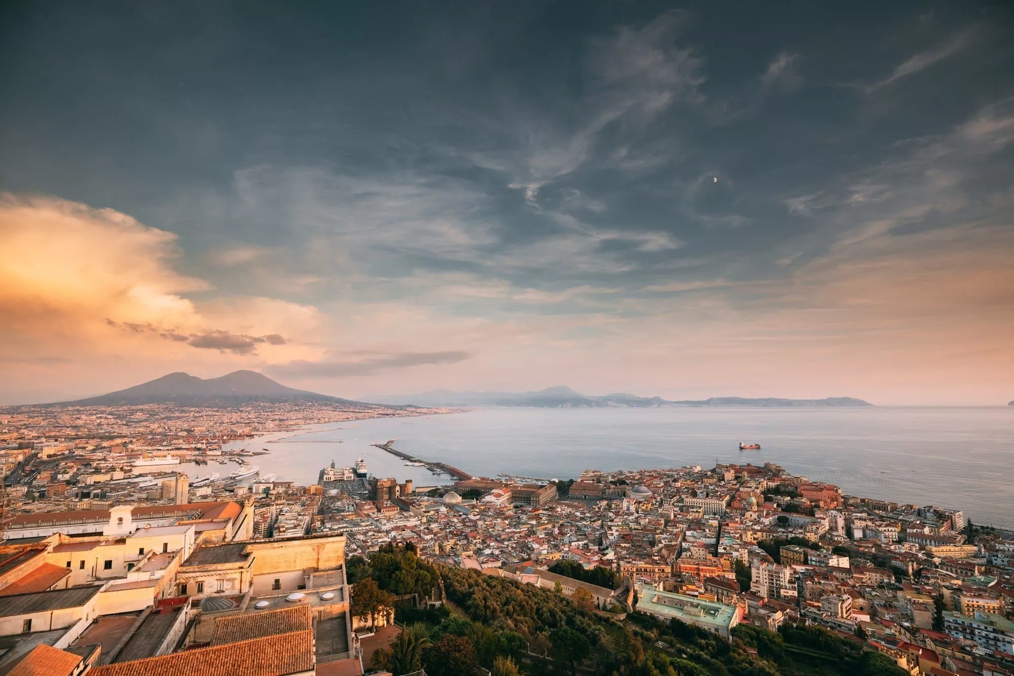Naples, Italy. Skyline Cityscape City In Evening Sunset. Tyrrhen Naples, Italy, home of the Neapolitan pizza.
