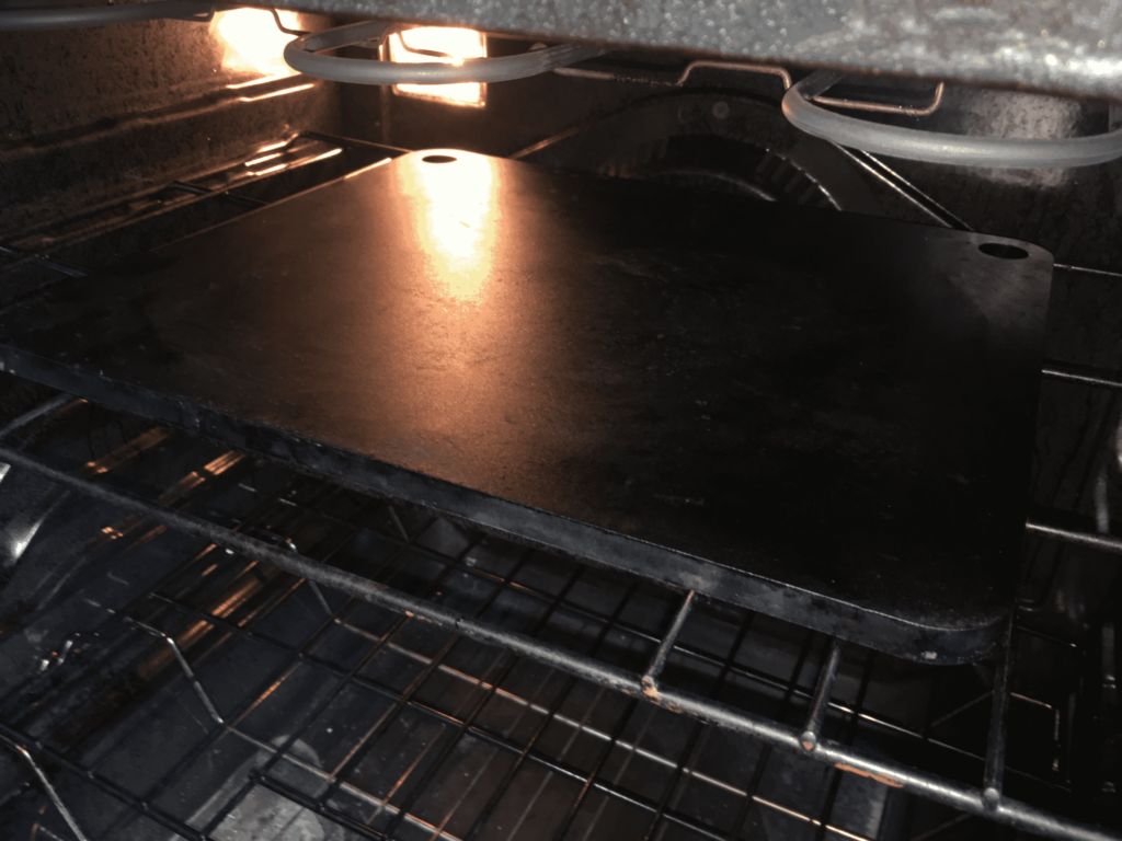 Baking steel loaded in the oven.