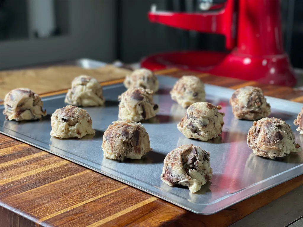 Cookie dough on 5 ply clad cookie sheet.