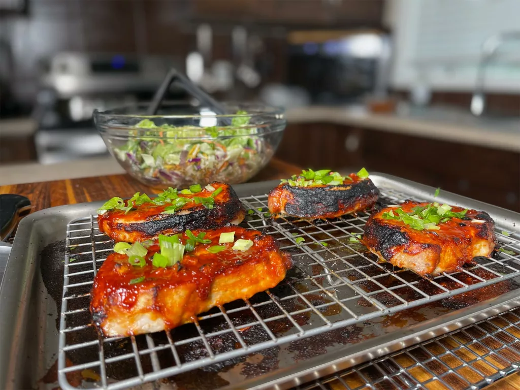 Glazed Gochujang Porkchops on a Triply Baking Sheet