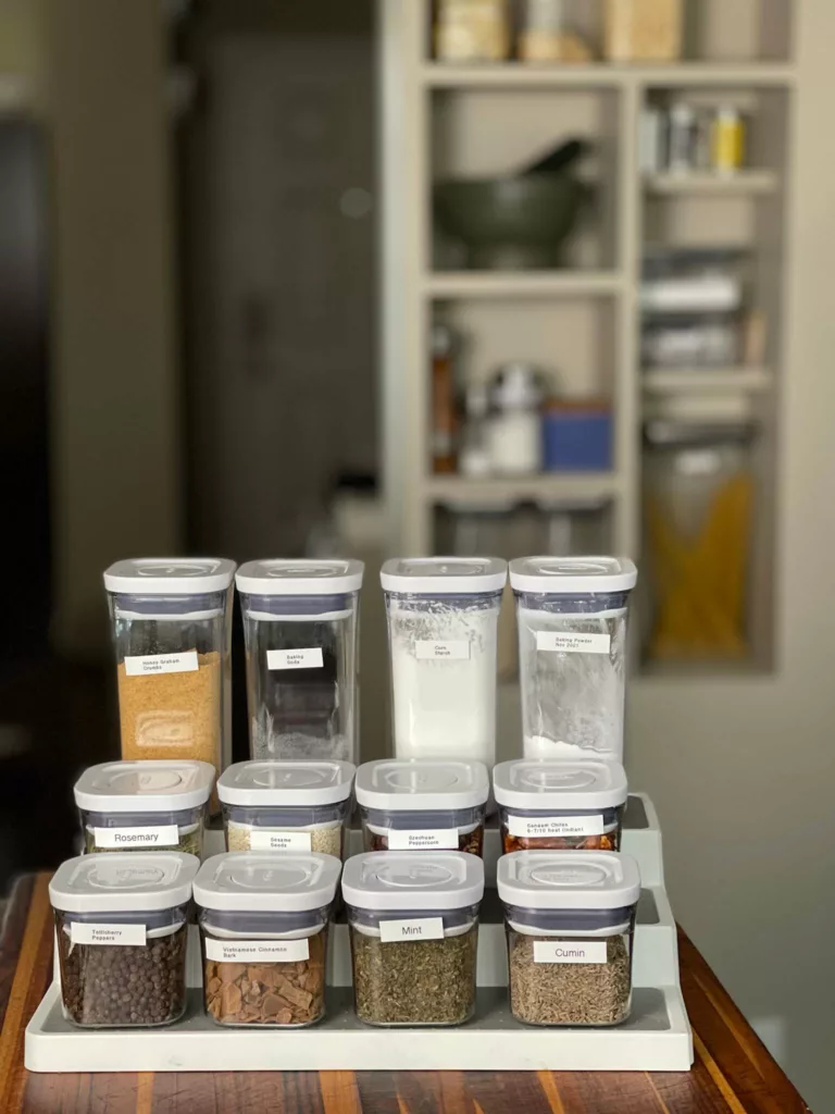 mini oxo pop containers on 3 tier riser