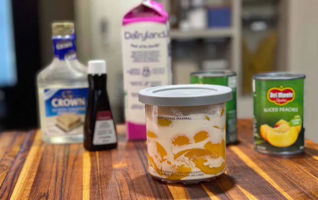 Reviewing the Ninja CREAMi peach ice cream recipe.