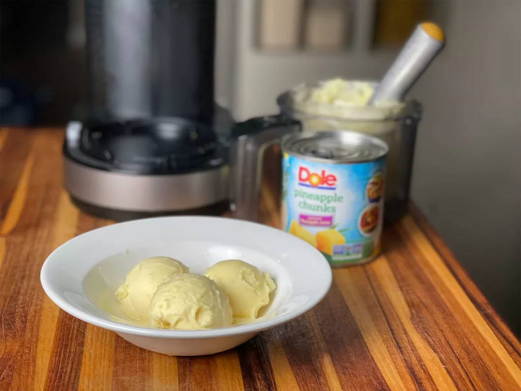 Pineapple sorbet made with the Ninja CREAMi.