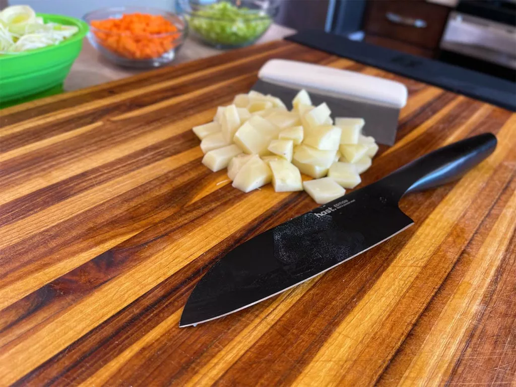 Potatoes diced with a Hast santoku.