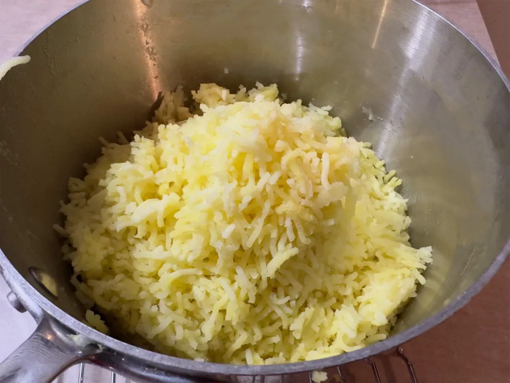 Potato Ricer vs. Potato Masher: Riced potatoes via the RSVP International Potato Ricer.