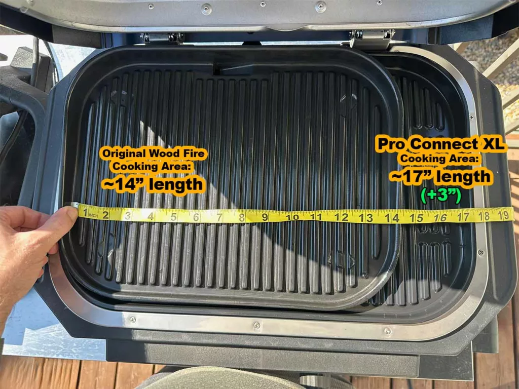 Ninja Woodfire Pro Connect XL's cooking area is approximately 3" longer.